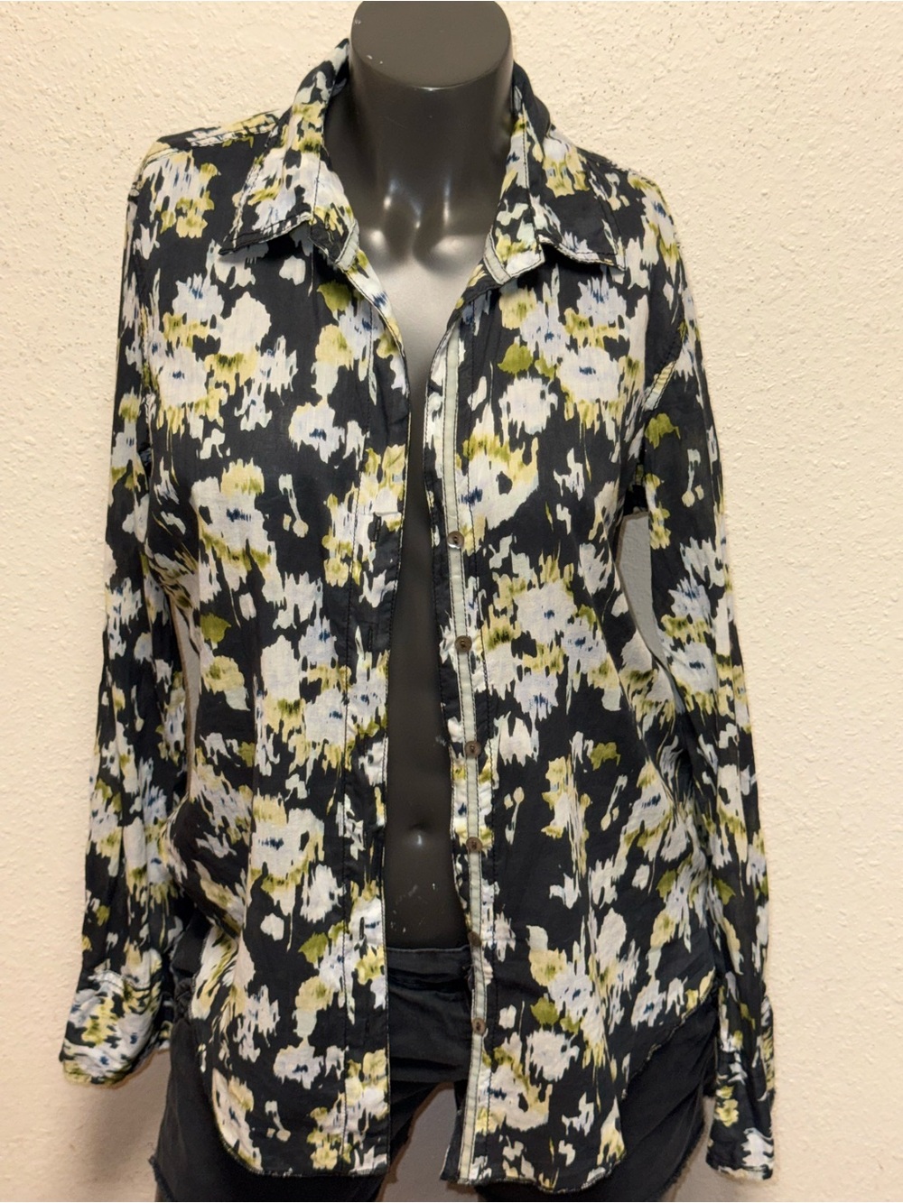 Women's Black Floral Button-Down Shirt with Olive & White Print